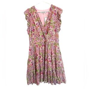 2/$30 Taylor - Pink Green Floral V-Neck Dress XL Elastic Waist Pockets NWT